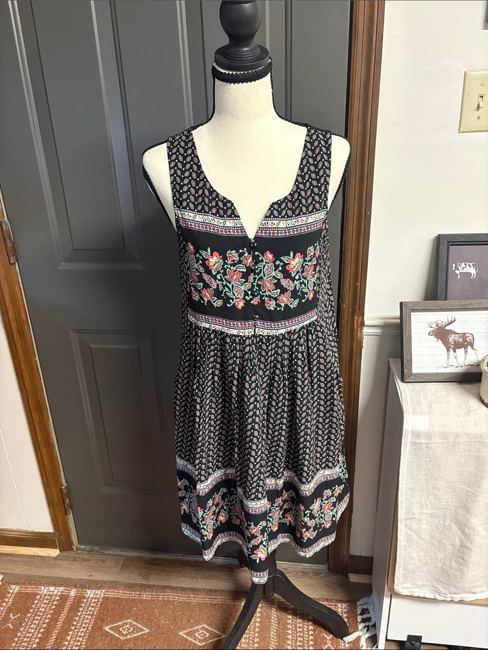 Umgee Black Floral Border knee length dress